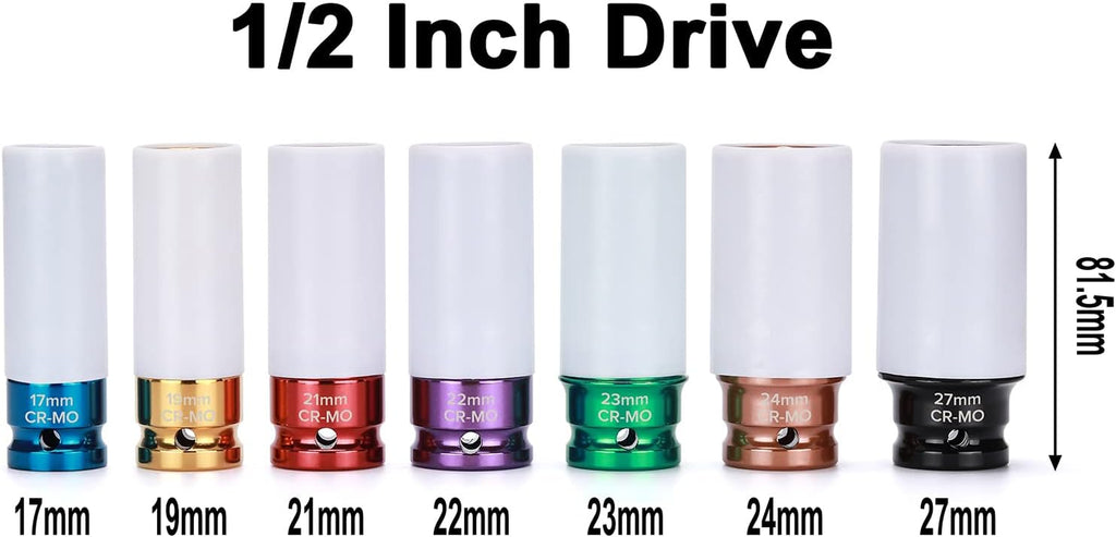 7PCS 1/2 Inch Drive Lug Nut Deep Impact Socket Set,Thin-Walled Wheel Rim Protector Socket,Color Coded,Metric,Cr-Mo