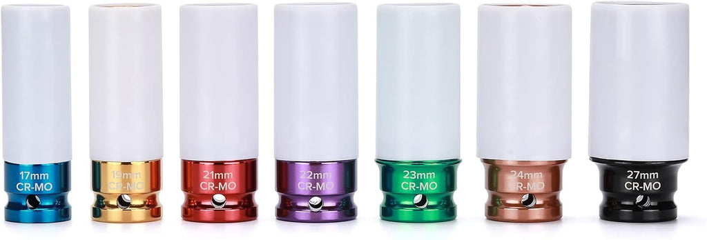 7PCS 1/2 Inch Drive Lug Nut Deep Impact Socket Set,Thin-Walled Wheel Rim Protector Socket,Color Coded,Metric,Cr-Mo
