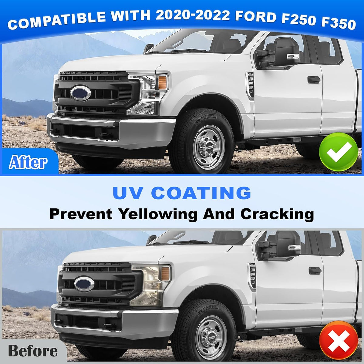Headlights Assembly W/Bulbs for 2020-2022 Ford F250 F350 Super Duty Halogen Models, Chrome Housing Amber Reflector, Driver and Passenger Side, Replacement FO2502405 FO2503405 LC3Z13008A/B