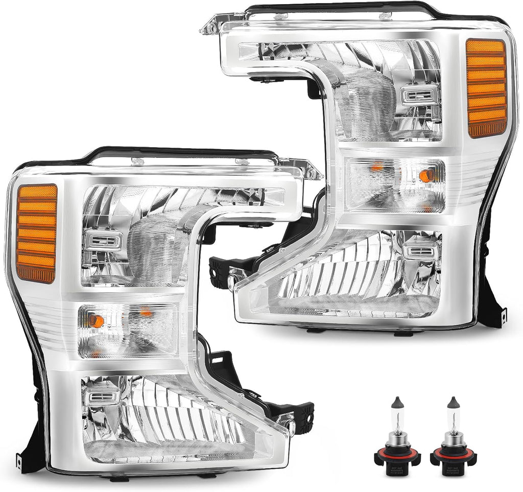 Headlights Assembly W/Bulbs for 2020-2022 Ford F250 F350 Super Duty Halogen Models, Chrome Housing Amber Reflector, Driver and Passenger Side, Replacement FO2502405 FO2503405 LC3Z13008A/B